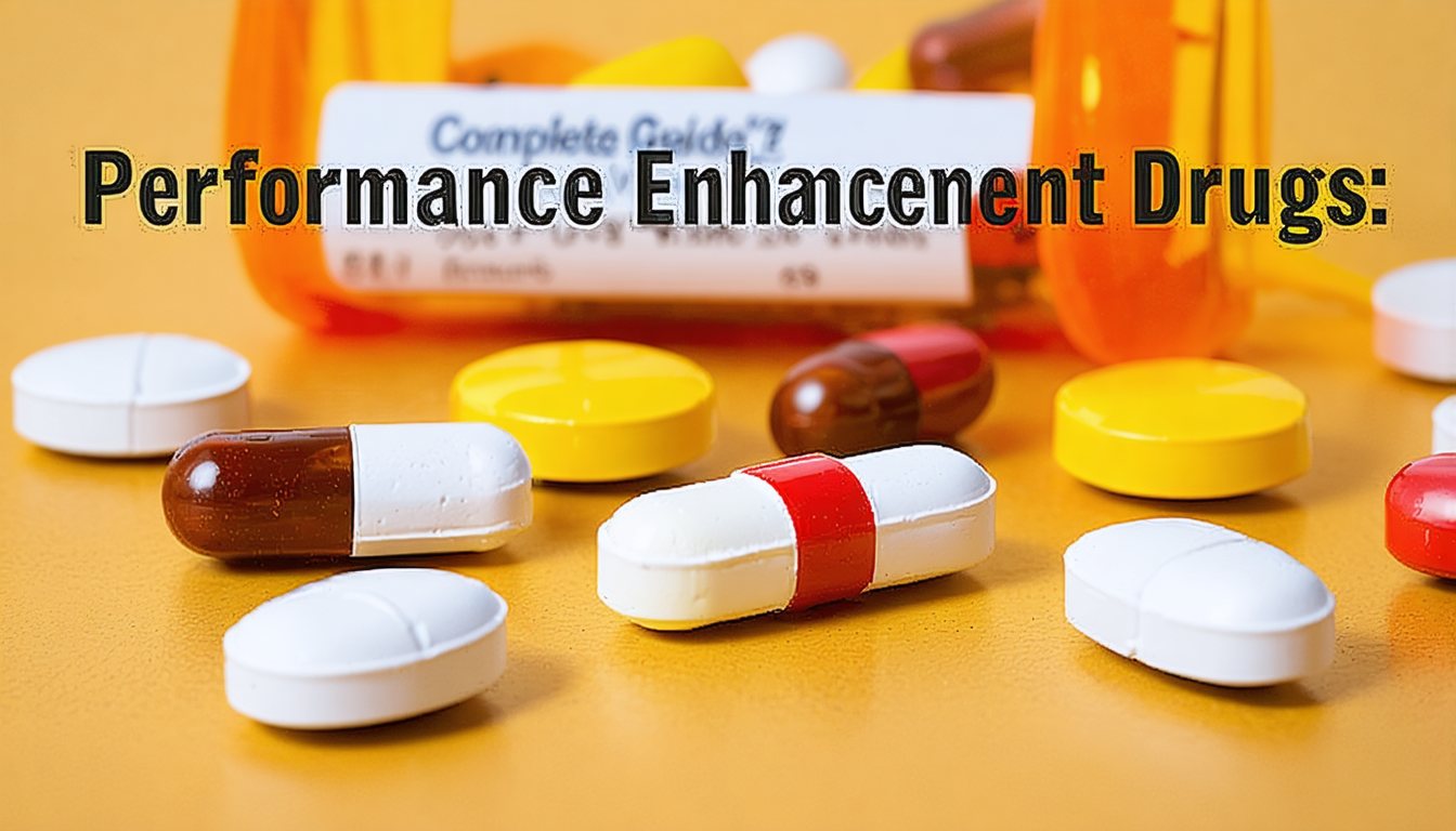 Various performance enhancement drugs including anabolic steroids, pills, and syringes on a medical desk